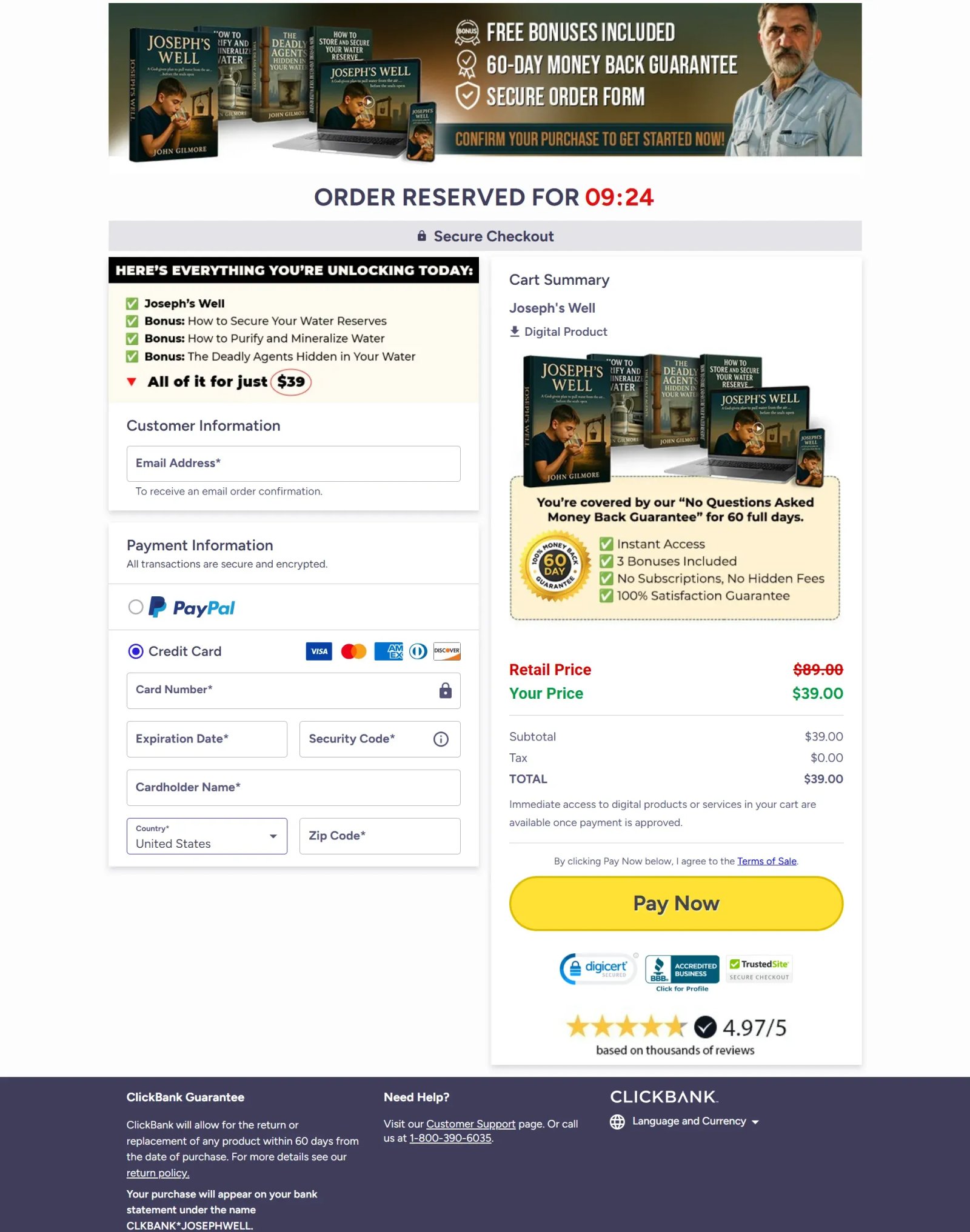 Secure checkout page screenshot for ordering Joseph's Well System